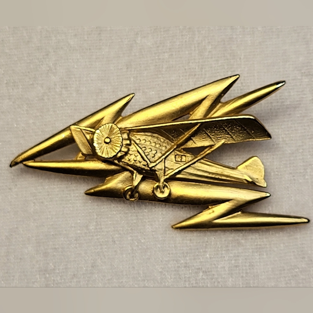 Matte Gold Art Deco Airplane w/ Lightning Brooch / Pin